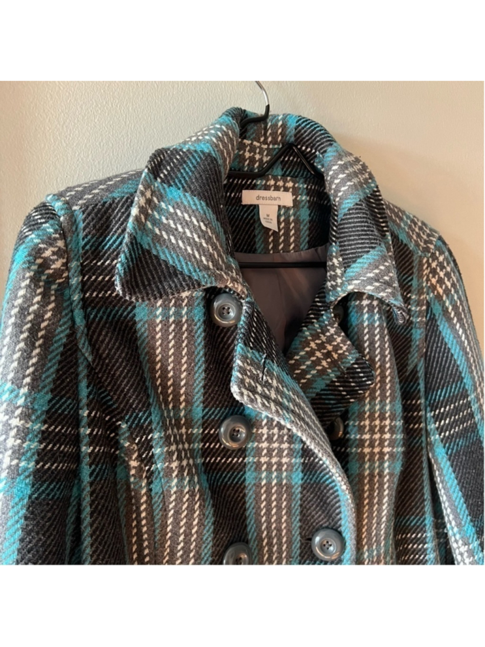 Dress Barn Woman’s Peacoat Blue Black Plaid Button Up Size Medium - Picture 4 of 7